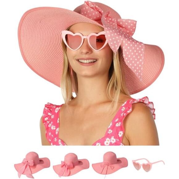 Women's Wide Brim Hat Straw Sun Hat with Bow and Heart Shape Glass Pink